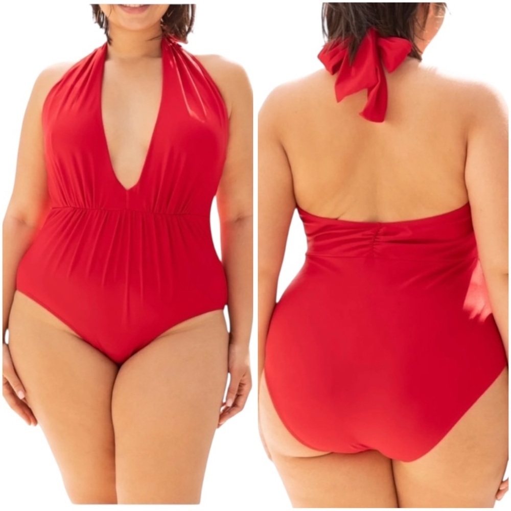 Chic Soul 3XL Red Deep V One Piece Swimsuit Halter Sexy Beach Vacation Summer